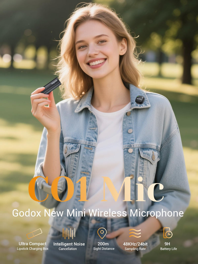 GODOX C01 KIT2 Wireless Microphone, 48kHz/24-bit Professional Lavalier Mic 60W Fast Charging Mini Microphones 7g Ultralight,54H,Noise Reduction,200M Low Latency (2TX+1RX+USB-C+Charging Case)