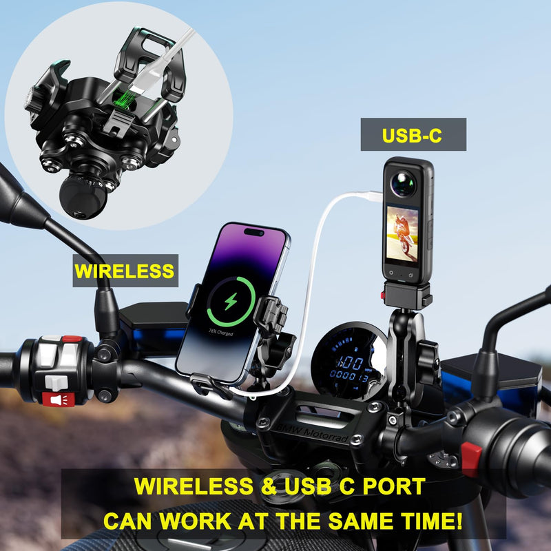 iMESTOU Motorcycle Wireless USB C Phone Mount Anti-Vibration, Anti-Theft 1" Ball Qi Phone Mount Suitable for 5.2"-7.2" Up to 15mm Thick Phones, Fits for 22-32mm Handlebars, Works with 12-24V Vehicles