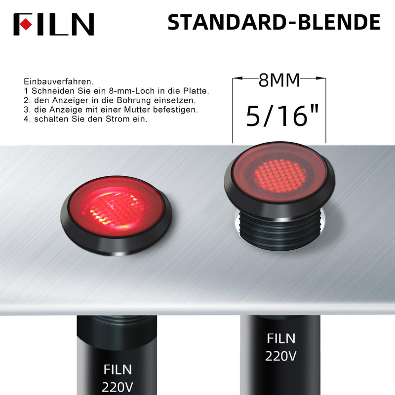 FILN 5 Pieces 8 mm (5/16 Inch) 220 V LED Indicator Light Waterproof Pilot Signal Lamp Indicator Light Metal Panel Lights (220 V Black Anodised Yellow, Pack of 5) Schwarz eloxiert-220V