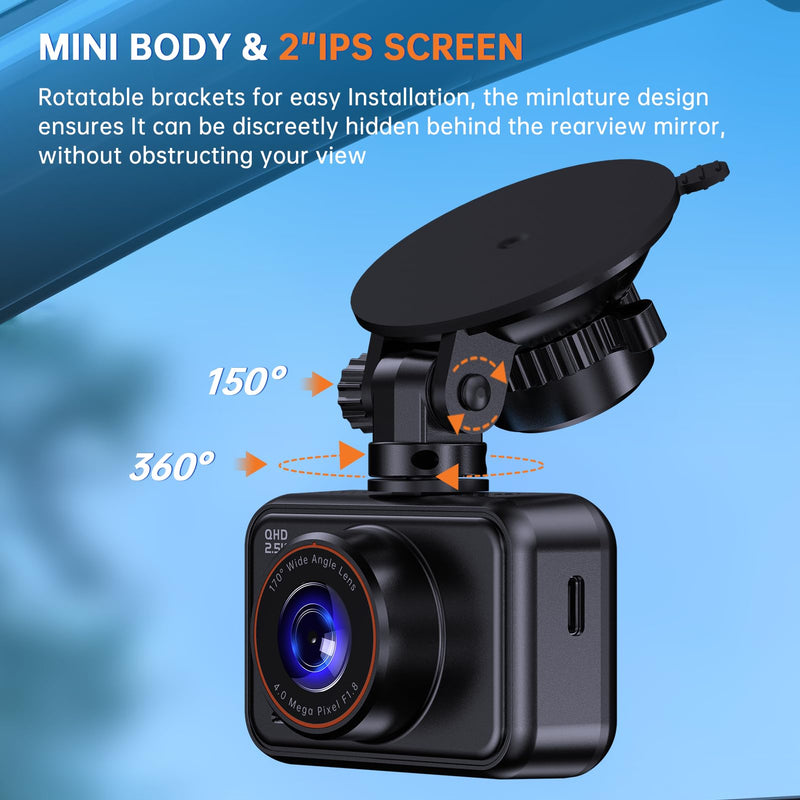 [AUSTRALIA] - Dash Cam Front and Rear, 2.5K Dual Dash Camera for Cars, 2560P Mini Car Camera, 2 inch IPS Screen, 32GB Card Included, WDR Night Vision, 24 Hours Parking Monitor, G-Sensor, Support 256 GB Max 