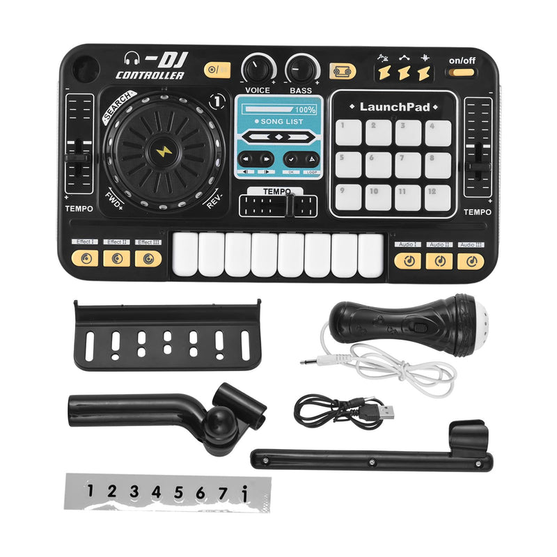 Kids DJ Controller DJ Mixer Table DJ Equipment with BT 5.0 Adjustable Microphone 8 Electronic Keyboard Buttons 3 Disc Sound Effects 12 MIDI Songs Light-Up Whack-A-Mole Game Black