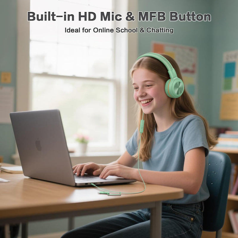 SIMOLIO Manyshare Kids Headphones for School with Microphone,PC | Share Port & Volume Limit , Durable & Portable 3.5mmOver-Ear Headset with Pouch for Online learning,School,Travel,Tablet Sleek Black & Fresh Green