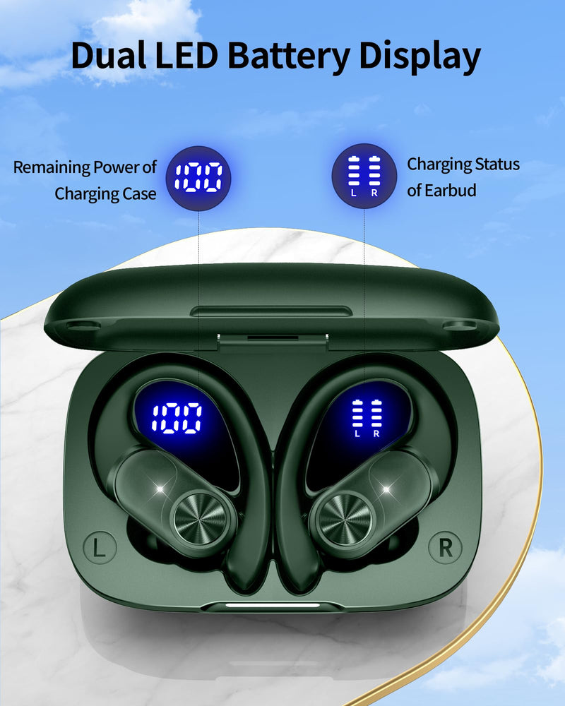 2 Sets Bluetooth Headphones Wireless Earbuds 80hrs Playtime Wireless Charging Case Sports Ear buds with Earhook Premium Deep Bass IPX7 Waterproof Over-Ear Earphones for TV Phone Laptop Olive and White