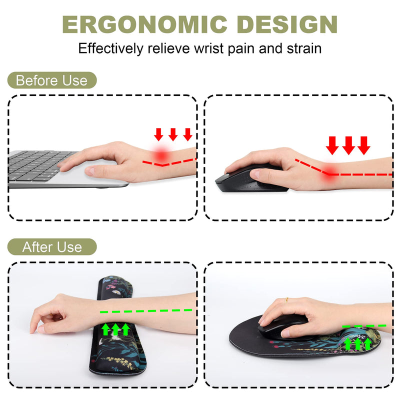 Ergonomic Mouse Pad Wrist Support and Keyboard Wrist Rest, Mousepad with Wrist Rest, Memory Foam Keyboard Pad, Easy Typing, Pain Relief, Perfect for Gaming, Computer, Laptop,Office, Garden Flowers