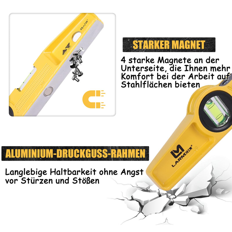 LARMEIL Magnetic Torpedo Spirit Level 25 cm Aluminium Cast Profile 4 Magnets Small Spirit Level 1 Horizontal Level 1 Vertical Level