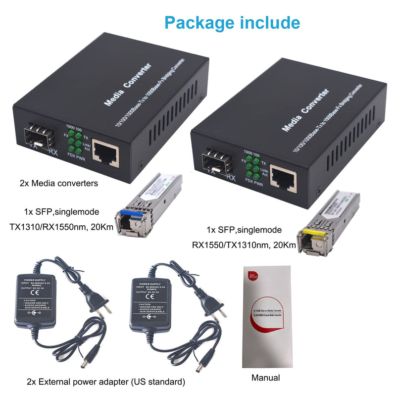 Single Mode Gigabit Fiber Media Converters LC -2 SFP Transceiver SM up to 20Km (12.4 Miles) Wavelength 1310nm/1550nm, LC to UTP Cat5e 10/100/1000 RJ-45 –Gigabit Ethernet Speed, A Pair SM 20Km, LC, Single Core