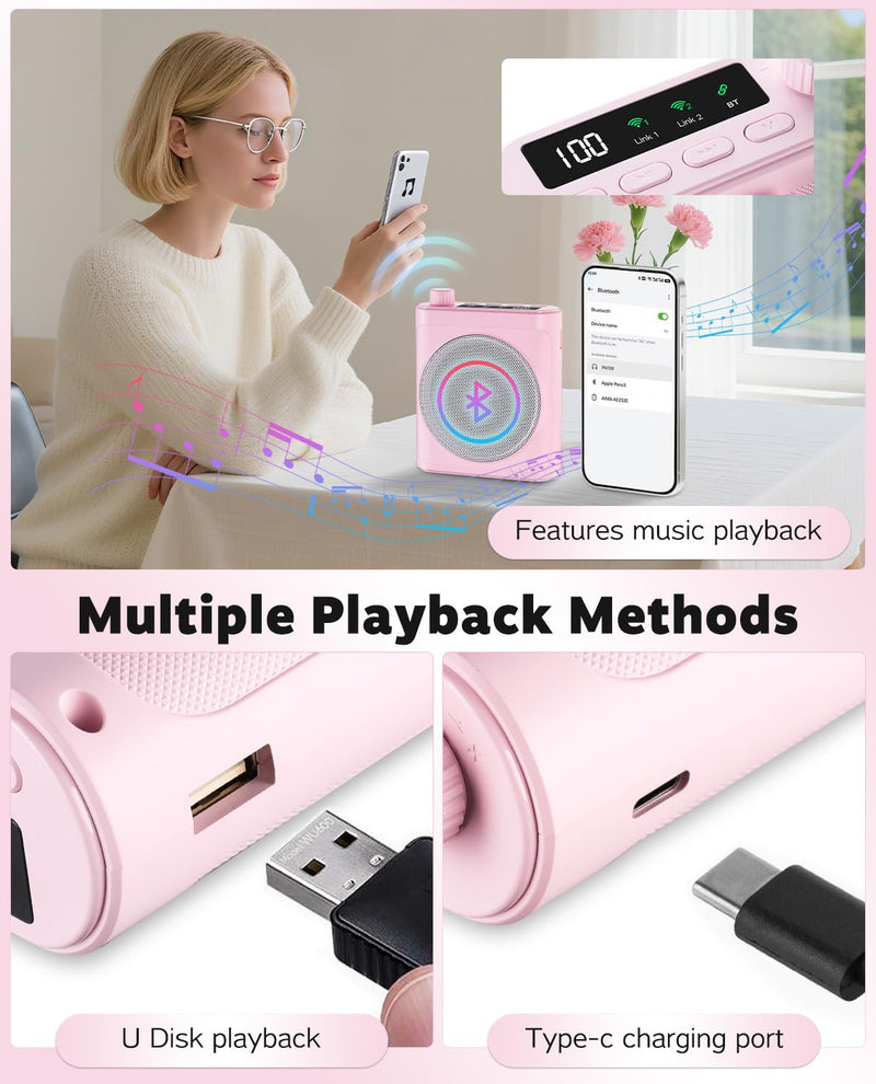 [AUSTRALIA] - Tearstone Voice Amplifier for Teachers with Wireless Magnetic Lavalier Microphone, Bluetooth Portable Rechargeable Speaker, 2 Mics for Classroom, Meetings, Speeches, Outdoor (Pink) Pink 