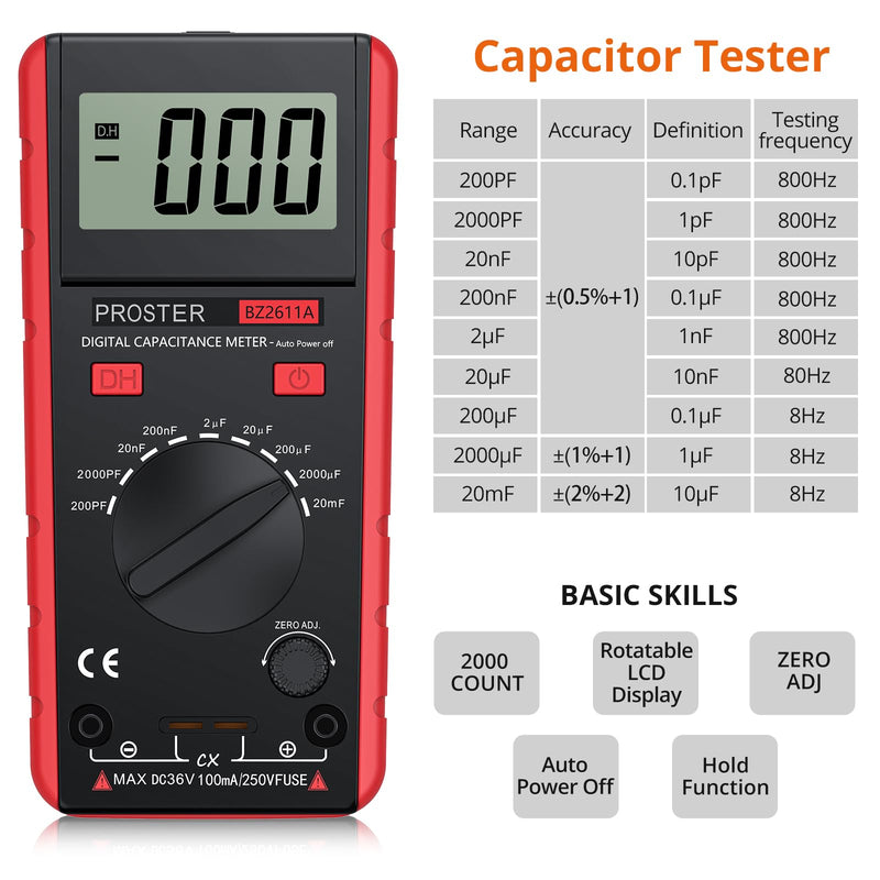 Proster Digitales Kapazitätsmessgerät 200pF-20mF Messgerät Kondensator Handmultimeter Tester für Anfänger mit drehbarer LCD-Anzeige Rot-vereinfachte Version