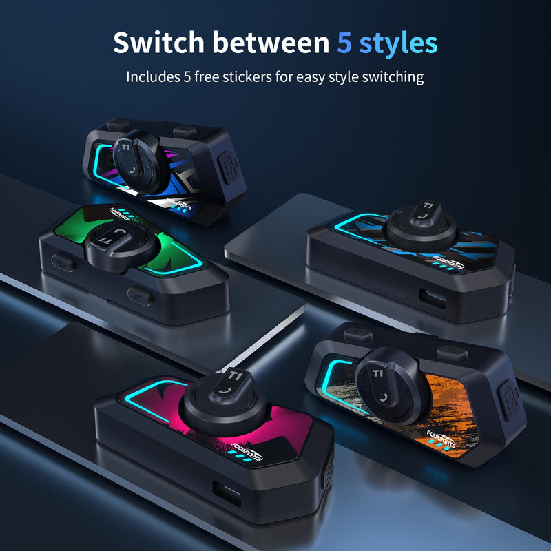 Fodsports T1 Motorcycle Bluetooth Intercom V5.4 with Music Share, One-Click Switching for 3 Functional Modes, 2-Way Helmet Communication Systems, FM/5 Stickers/Noise Cancellation/Stereo Music, 1 Pack T1 1 Pack