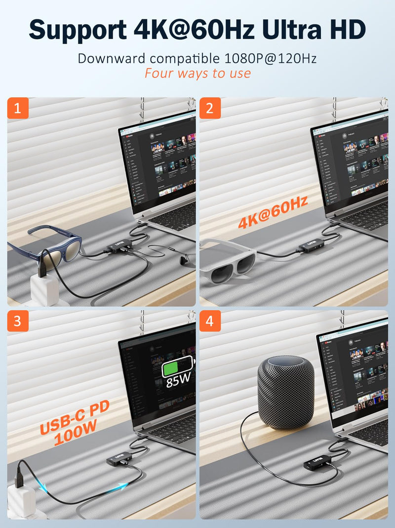 LIVIN USB C to Portable Monitor、AR Glasses XREAL One、Air 2 Pro/VITURE Pro/RayNeo Air 2s、3s/Rokid,【4K@60Hz+PD 100W+Audio 3.5mm】,USB C to Type C Adapter iPhone15/16、Android、PC、Switch、Steam Deck、Rog Ally Black