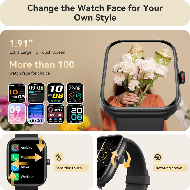 Smart Watch for Women Men, Smartwatch for iPhone & Android Bluetooth (Answer/Call) Built-in Alexa, 1.91" HD Fitness Tracker with 105+ Sport Modes, IP68 Waterproof, Sleep/Heart Rate/SpO2/Stress Monitor Starry Black