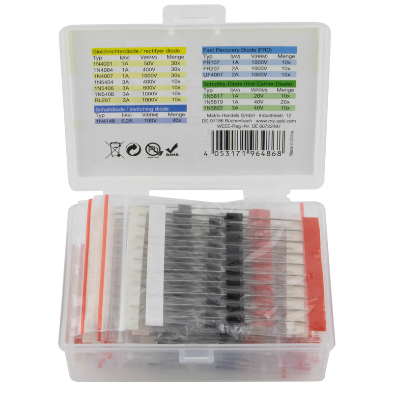 Seki Diodes Assortment 240 Pieces 14 Values Rectifier Diode Schottky Switching Diode 1N4001 1N4004 1N4007 1N5404 1N5406 1N5408 RL207 FR107 RL207 UF4007 1N5811 7 1N5819 1N5822 1N4148