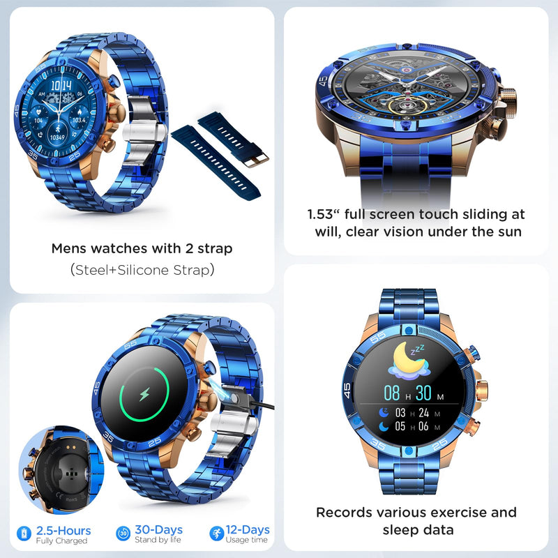 Mens Smart Watch 1.53" Fitness Tracker w/Heart Rate & Sleep Monitor, 7-Day Battery, IP67 Waterproof, Bluetooth Calls/Notifications, 100+ Sports Modes for Men Women (Blue) Blue