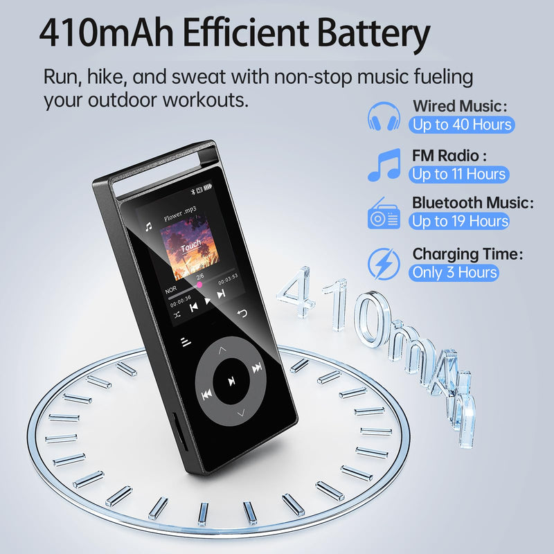 [AUSTRALIA] - 90G MP3 Player with Bluetooth 5.3, MP3 Players Build-in Touch Buttons, E-Book, Color Screen, HiFi Sound Portable Music Player for Kids,Supports up to 128GB, Earphones Included (Black) Black 