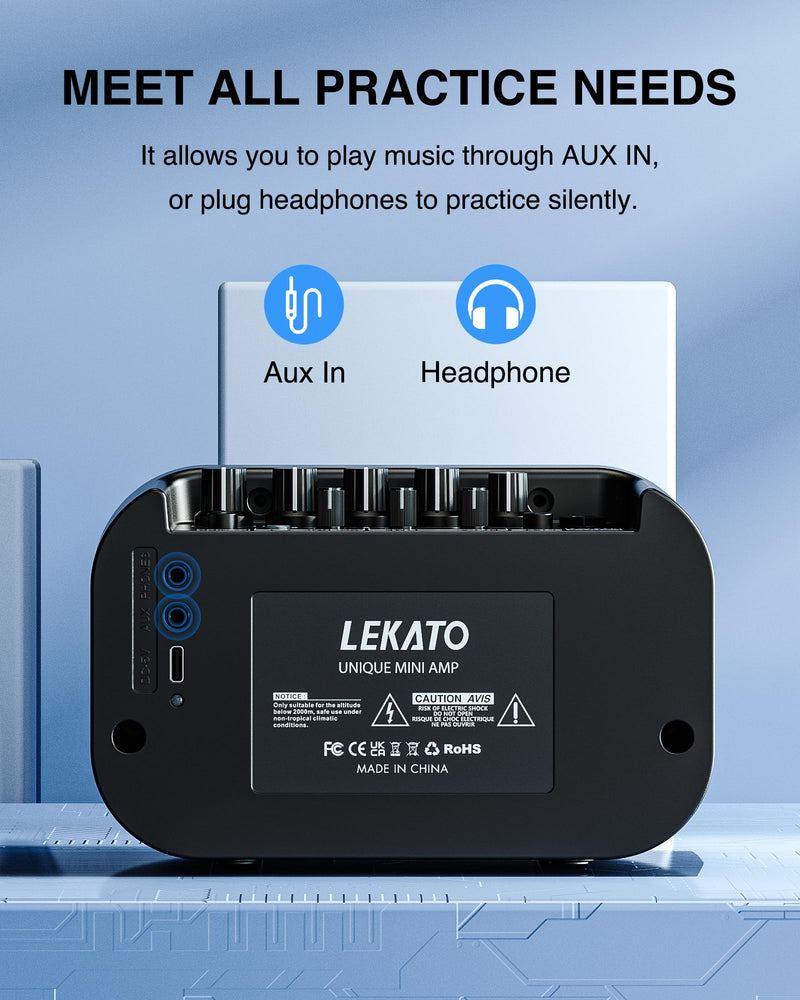 LEKATO Electric Guitar Amp, 10W Mini Guitar Amp, Distortion, Clean, Delay, Three-Band EQ, Gain Regulation, Bluetooth Guitar Amp Portable for Travel, Room Practice Black