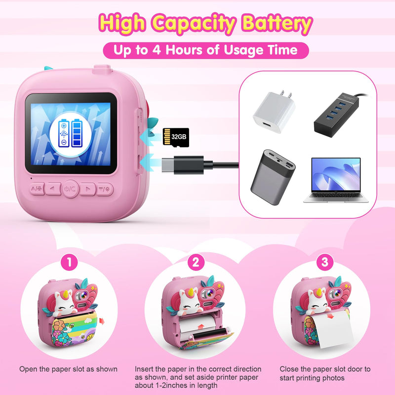 Kids Camera Instant Print, Camera for Kids with Printable Photos, Toddler Camera Toys for Children Ages 3-14, Digital Camera Birthday Gifts for Girls 4 5 6 7 8 9 10 11 12 13 Years Old Pink