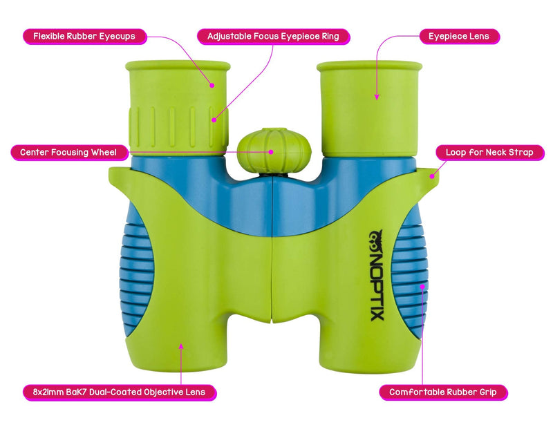 Kids Binoculars girls or boys Real Binoculars in Green Blue - Binoculars for Toddlers up to Kids age 14 - includes sticker book with 40 Bird Species