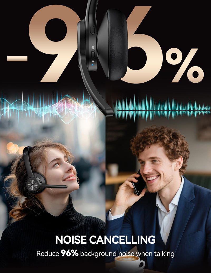 [AUSTRALIA] - TECKNET Trucker Bluetooth Headset, Wireless Headset with Mic for Work, V5.2 Bluetooth Headphones with AI Noise Cancelling Microphone, 60H Battery, On-Ear Headphones for Call Center, Office, Drivers Black 