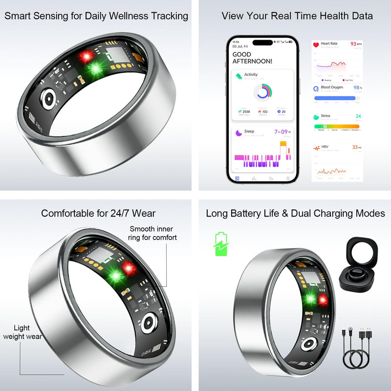 Smart Ring for Women Men, Health Tracking Ring No APP Fee (Gold,8) | 24/7 Fitness Tracker Heart Rate/SpO2/Stress/Sleep Monitor, IP68 Waterproof, Long Battery Fast Charge, iOS/Android Compatible Gold 8