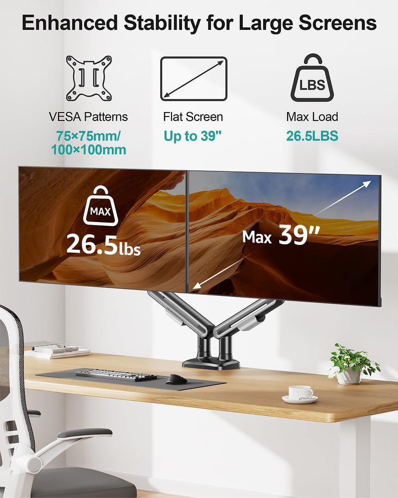 MOUNT PRO Dual Monitor Desk Mount, Pneumatic Monitor Arms for 2 Monitors Max 39 Inches, Adjustable Dual Computer Monitor Stand Each Arm Holds up to 26.5lbs, VESA Mount with C Clamp & Grommet Base Max 39"