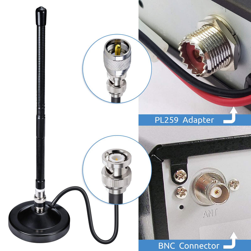 Bingfu Magnetic Base CB Antenna 27MHz with BNC & PL259 Male Connector for Cobra Midland Uniden Maxon President Handheld Portable CB Radio, Mobile Police Scanner - Compact Antenna Design