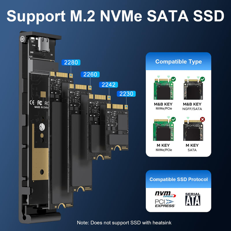 FIDECO M.2 NVMe SATA SSD Enclosure, M.2 NVMe to USB Adapter with Cooling Fan, USB 3.2 Gen 2 (10Gbps) SSD Reader for M & M+B Key, Support UASP and Trim, Tool-Free Installation (Black, NVMe SATA) Black