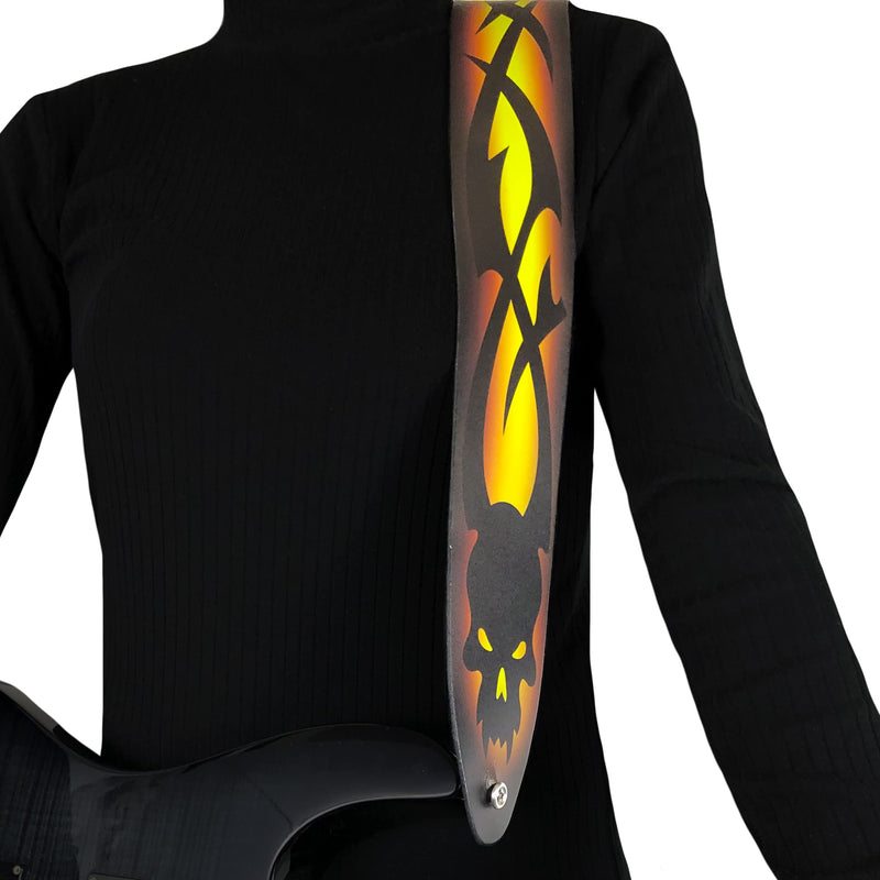 Perri's Leathers Ltd. Direct To Leather Guitar Straps: Bold Designs for Acoustic/Bass/Electric Guitars - Made in Canada Yellow Skull Barbed Wire