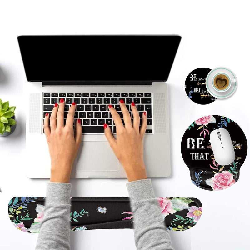 Keyboard Wrist Rest and Mouse Pad Wrist Support Set with Coffee Coaster, Non-Slip PU Base for Gaming and Office, Comfortable & Lightweight for Easy Typing & Pain Relief,Flower Bible Verse Psalm 46:10 Flower Bible Verse Psalm 46:10