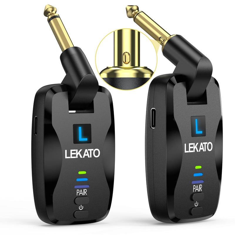 LEKATO 2.4Ghz Wireless Guitar System Exclusive Mute Plug for Electric Guitar Bass, Audio Wireless Guitar Transmitter and Receiver with 18 Channels Rechargeable Guitar Wireless System for Guitar