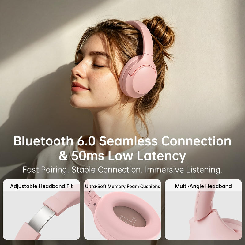 Active Noise Cancelling Headphones, 65H ANC Playtime Wireless Bluetooth | Custom EQ Headphones with Mic, Bluetooth 6.0, Hi-Res Audio, Transparency Mode, Cat Ears Headsets,Commute/Travel/Pink Pale Pink