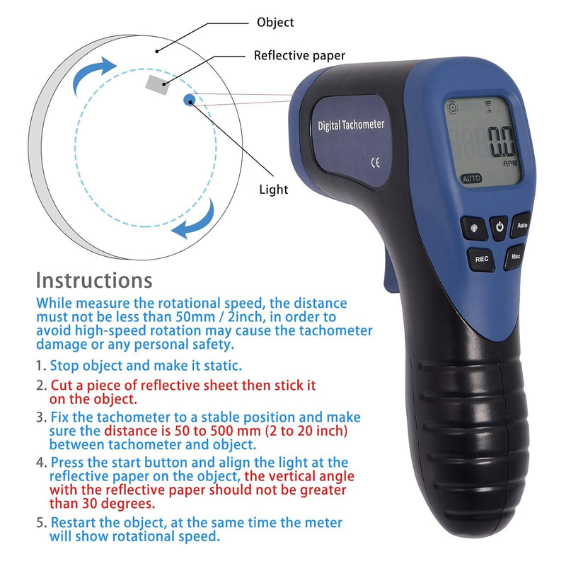 Professional Digital Speedometer Tachometer, Handheld LCD Digital Laser Revolutionometer Speedometer, Non-Contact Tachometer, Tachometer, Reflective Tape Blue