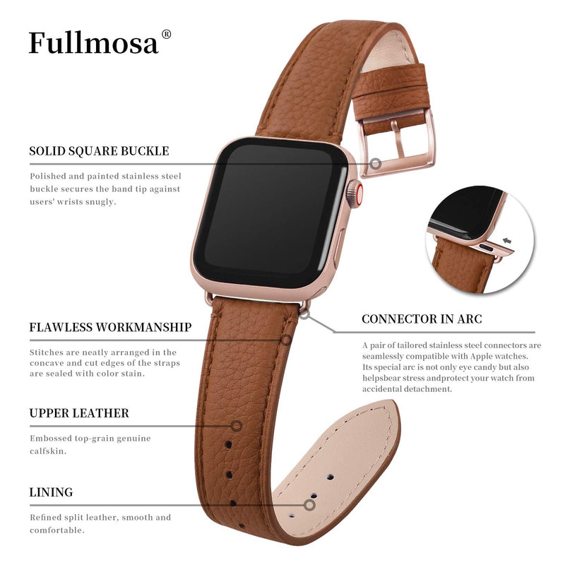 Fullmosa Compatible Stainless Steel No tools needed Apple Watch Band 41mm/40mm/38mm Silver with Case & Compatible Leather iWatch Band 41mm/40mm/38mm,Brown+Rose Gold