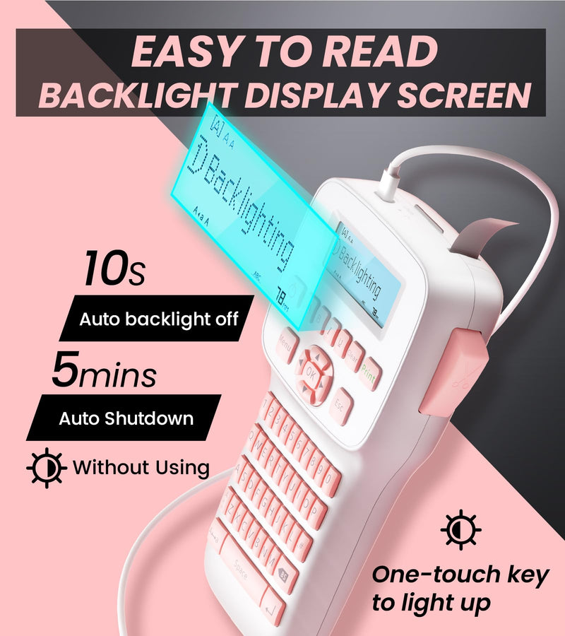 [AUSTRALIA] - Rechargeable Label Maker, Pink Label Maker with Keyboard, Handheld Label Maker Machine with Bluetooth Backlit Large Display LM1600, Portable Labeler for Home & Office Organization School 