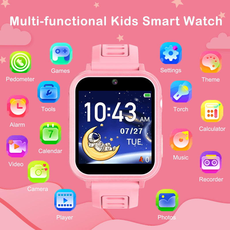 Phyulls Kids Smart Watches Girls *2, HD Touchscreen Kids Watches with Video Camera Music Player Alarm Pedometer Learn Card Audio Flashlight 12/24hr Gift for 3-12 Year Old Girls
