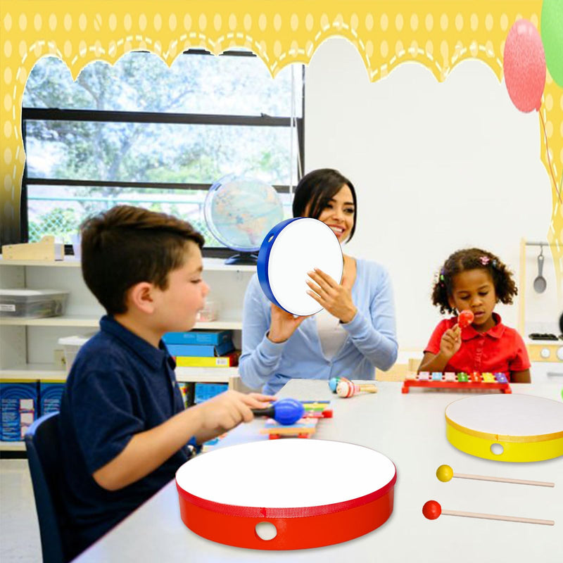 5 Pcs Kids Hand Drums Wood Frame Drum Set with Drum Stick 12 Inch 10 Inch 8 Inch 6 Inch 4 Inch Multicolor Percussion Musical Instruments for School Kids Adults Beginners Home Party Supplies