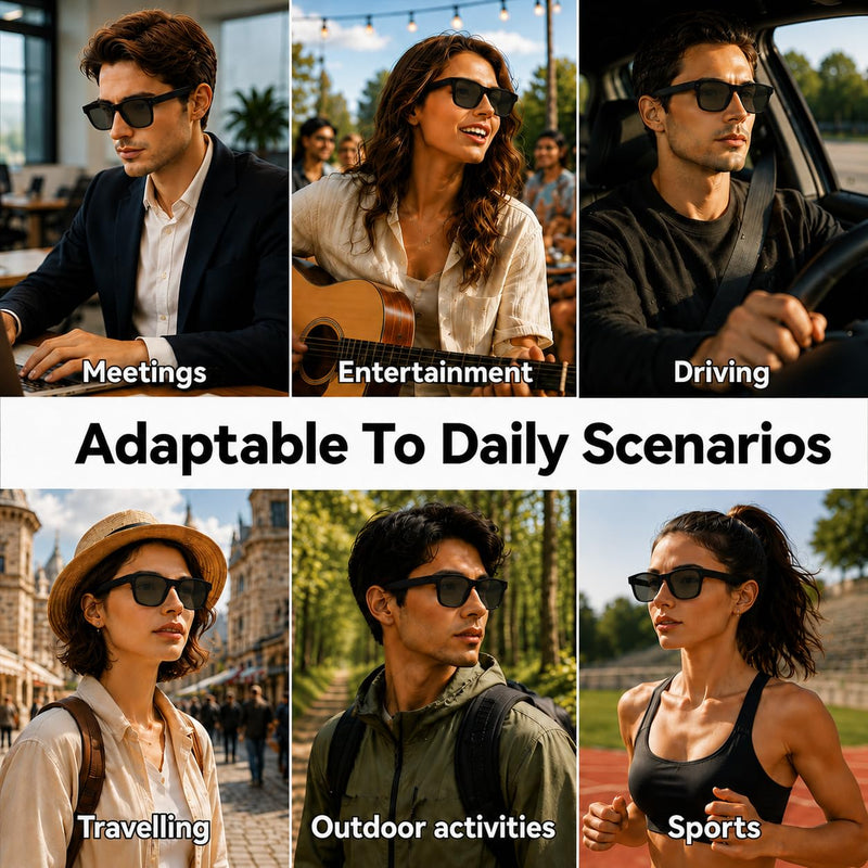 AI Smart Glasses with Photochromic Lenses, 8MP HD Camera, Bluetooth Audio | AI Translation Support; Open-Ear Audio; Dual ENC Microphones; Lightweight TR90 Frame; 290mAh Battery; Office Travel Use; Call Clear Lens