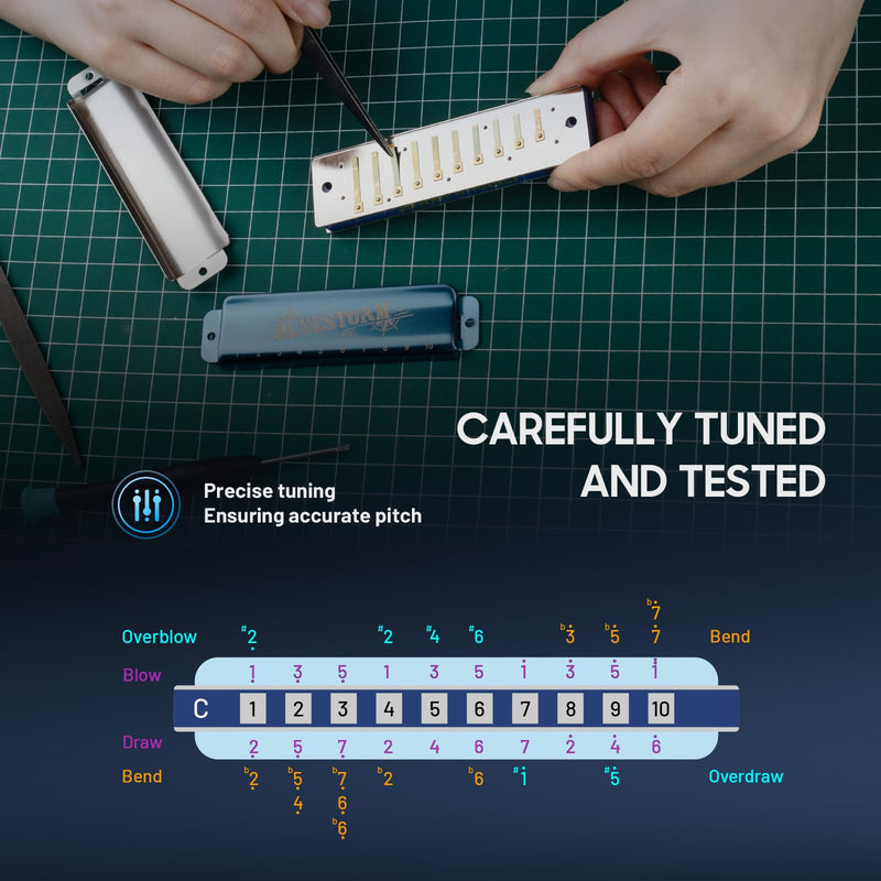 [AUSTRALIA] - CONJURER Blues Harmonica for Adult 10 Hole Diatonic Harmonica in C Key for Beginners Professionals Phosphor Bronze Reeds Brass Deluxe Mouth Organ with Case, Key of C Blue 10-hole blues (Bluestorm) C key Blue (Satin) 