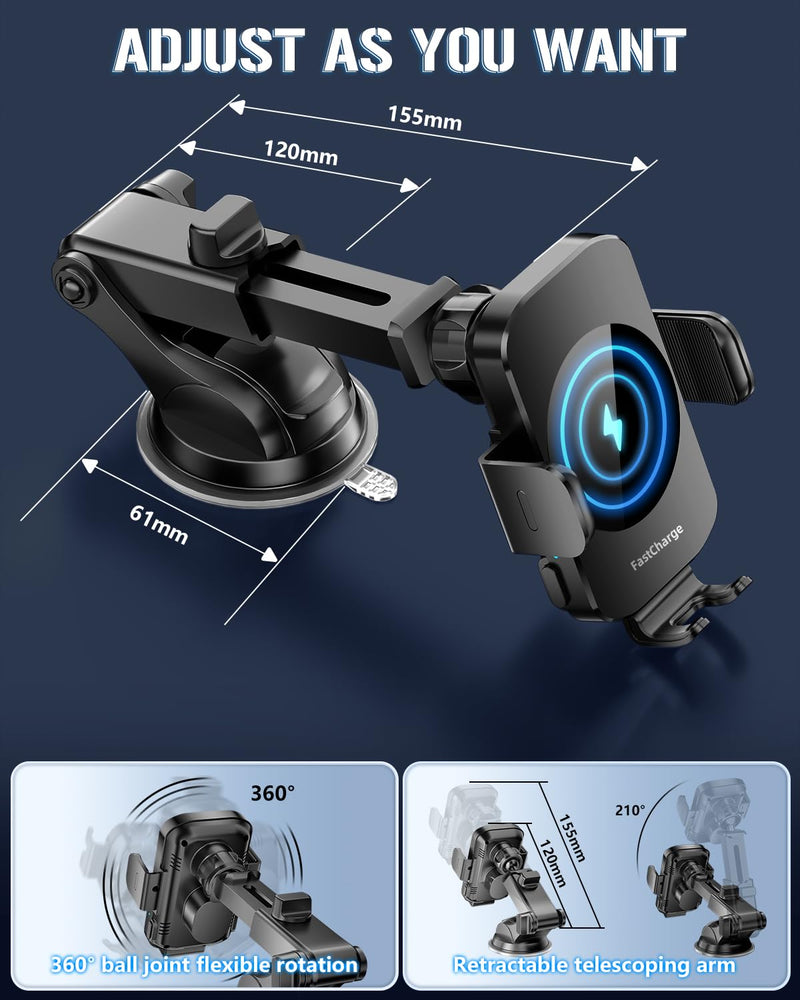 Wireless Car Charger, Fast Charging Phone Holder 3 in 1 Phone Mount Auto Clamping Car Accessories Compatible with iPhone 16 15 14 13 12 11 Xs XR, Samsung S23 Ultra S22 S21 S20/S10+ S9(Midnight Black) Midnight Black