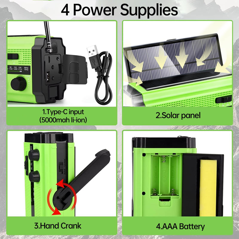 5000mAh/18500mWh Emergency Hand Crank Radio with 2 Solar Panels,Portable AM FM NOAA Weather Radio,Rechargeable Battery Powered Radio,USB Charger,SOS,Flashlight,Reading Lamp for Home Outdoor Green