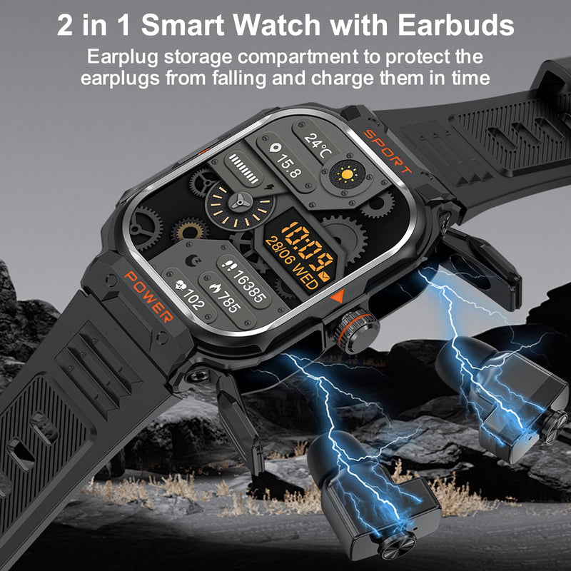 Smart Watch with Earbuds for Men, 2.01" HD Screen Military Watch, Answer/Make Calls, Sports Fitness Trackers with Heart Rate, Blood Oxygen, Sleep Monitor, Perfect for Men Dad Husband Black