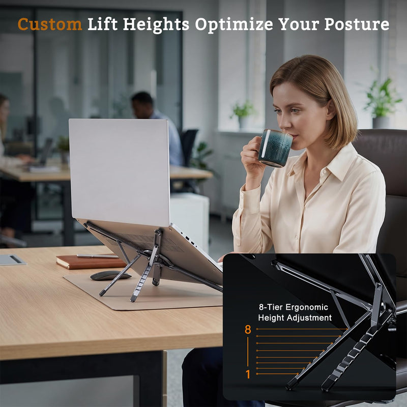 3-in-1 Portable Laptop Stand, Magnetic Tablet Phone Holder Mount | 8-Tier Ergonomic Lift Riser, Infinite Multi-angle Adjustable, N55 Strong Magnetic, Pocket Size for Travel, Vlog, Office Zoom Black