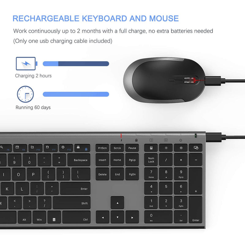 Wireless Keyboard and Mouse, Vssoplor 2.4GHz Rechargeable Compact Quiet Full-Size Keyboard and Mouse Combo with Nano USB Receiver for Windows, Laptop, PC, Notebook-Dark Gray Dark Gray