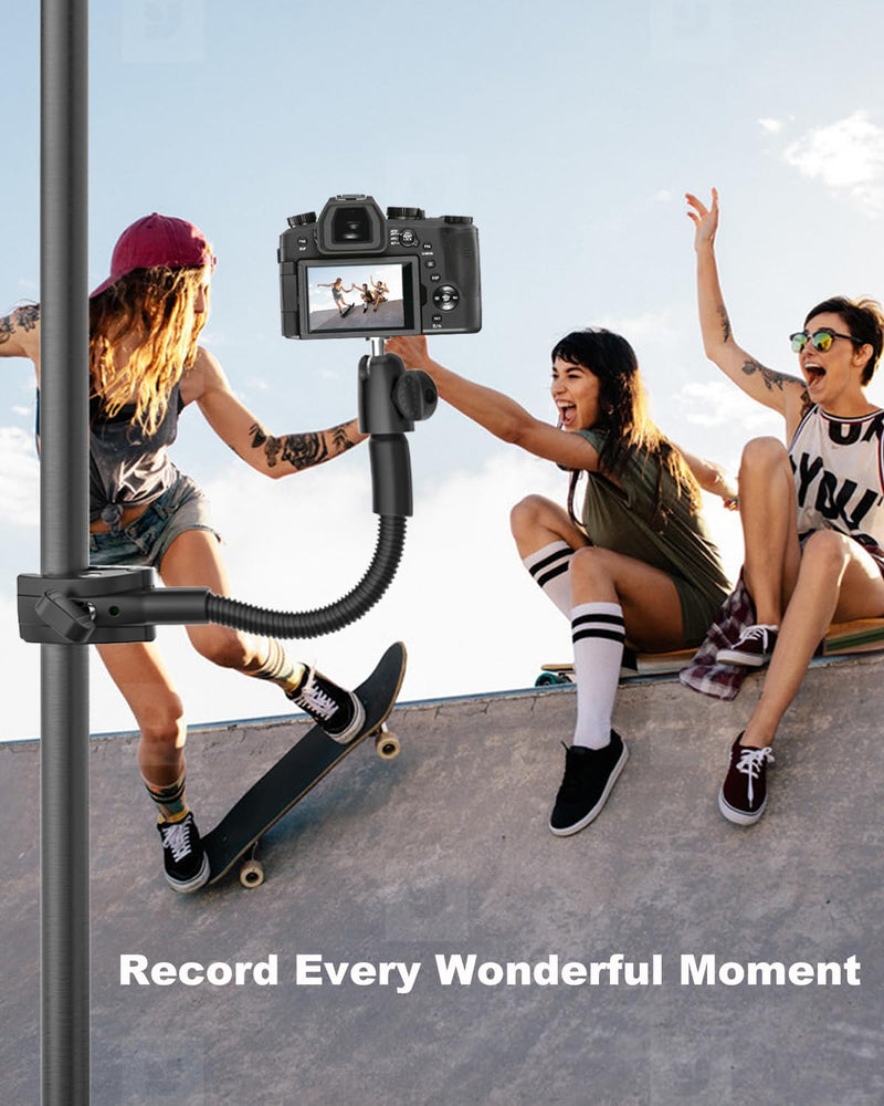 Gooseneck Clamp Camera Mount with 1/4“ 3/8" 5/8" Screw, Go Pro Mounts for Handlebar, Desk, Tube, Cross Bar, Compatible with GoPro Hero 13/Baby Monitor/Logitech Webcam/Insta 360/Field Monitor