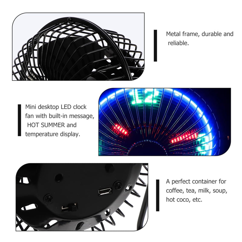 ULTECHNOVO USB LED Clock Fan with Real-Time Temperature Display, 6.5 Inch Quiet Brushless Motor Mini Desktop Cooling Fan, 360° Rotation Metal Frame Portable for Office Computer Desk, Dorm (Black)
