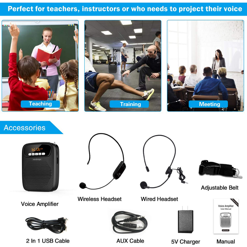 Portable Voice Amplifier Wireless & Wired Headset Microphone Speaker Mini Lightweight Personal Classroom Mic for Teachers Supports AUX Input,Bluetooth 5.0,Recording - S278UHF