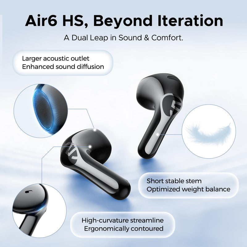 SoundPEATS Air6 HS LDAC Hi-Res Wireless Earbuds, Bluetooth 6.0, 13mm Driver | LDAC Hi-Res Audio Certified, 13mm Triple-Magnet Driver, 2MIC ENC, IPX5 Waterproof, Dynamic EQ, 45H, Bio-Composite Diaphragm Black
