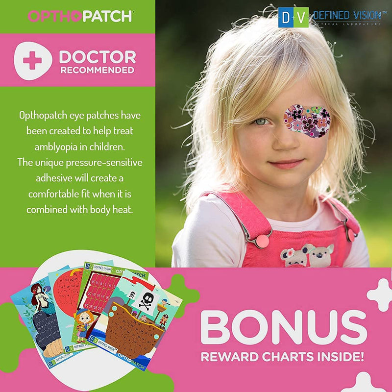 Opthopatch Kids Eye Patches - Fun Girls Design [Series II] - 90 + 10 Bonus Latex Free Hypoallergenic Cotton Adhesive Bandages for Amblyopia and Cross Eye - 3 Reward Chart Posters by Defined Vision