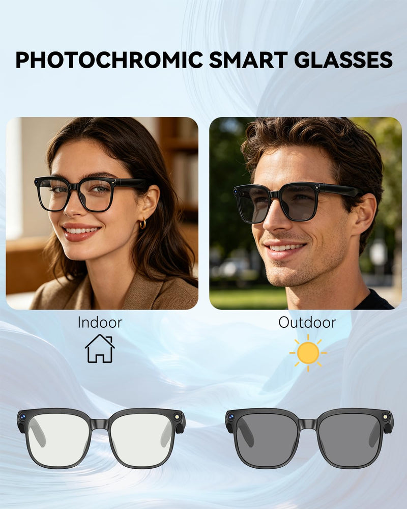 Smart Glasses with Camera, 8MP Anti-Shake Photochromic Smart Glasses | 1200P HD Video, Real Time Translation, AI Voice Assistant, Open Earbuds, Travel, Work Black