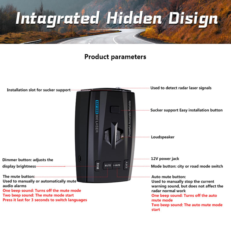 RAD1000 Laser/Radar Detector for Cars with Suction Cup Mount - Long Range Detection, X/K/Ka/KU/ST/CT Band & Laser Detection, VG-2 Immune, Mute Memory, Multi-Mode, Led Display, Ideal Gifts