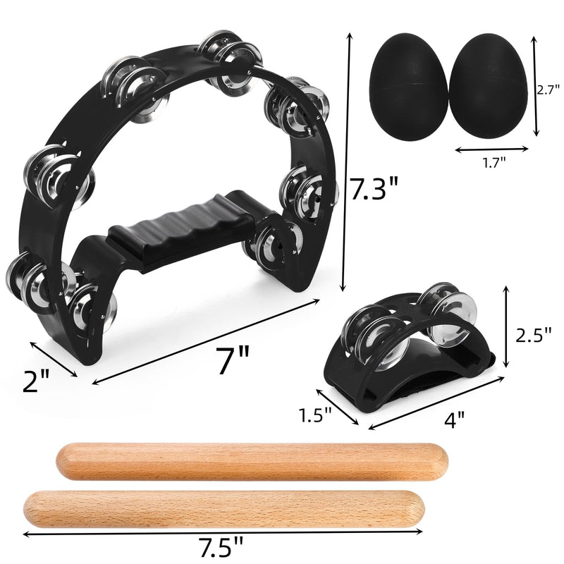 12 Pcs Tambourines for Adults, Hand Held Half Moon Tambourine with Foot Tambourine Wood Rhythm Sticks and Egg Shakers, Double Row Metal Jingles Hand Percussion Instrument Set for Party